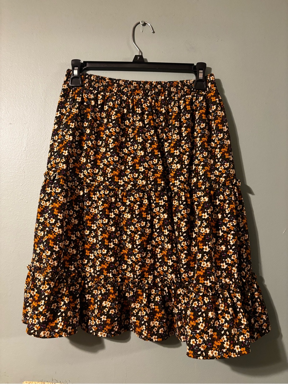 Tiered Floral Midi Skirt w/ Fall Pattern - Black with Orange Floral - Size Small
